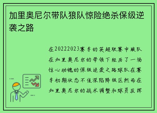 加里奥尼尔带队狼队惊险绝杀保级逆袭之路 加里奥尼尔带队狼队惊险绝杀保级逆袭之路