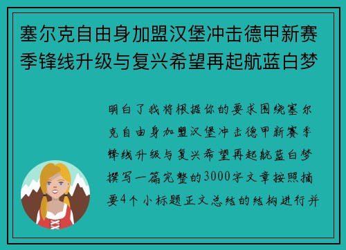 塞尔克自由身加盟汉堡冲击德甲新赛季锋线升级与复兴希望再起航蓝白梦